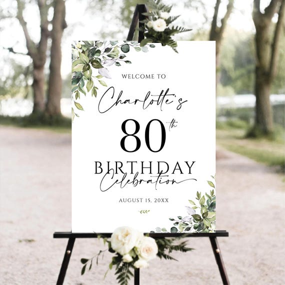 Greenery 80th Birthday Welcome Sign, Eucalyptus Celebration Decor (Digital Printable)