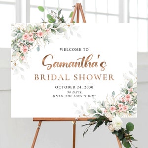 Greenery Blush rosa signo de ducha nupcial, signo de bienvenida de ducha de brunch nupcial, cartel de ducha de parejas, eucalipto, rosas rosa rubor, HERSU2