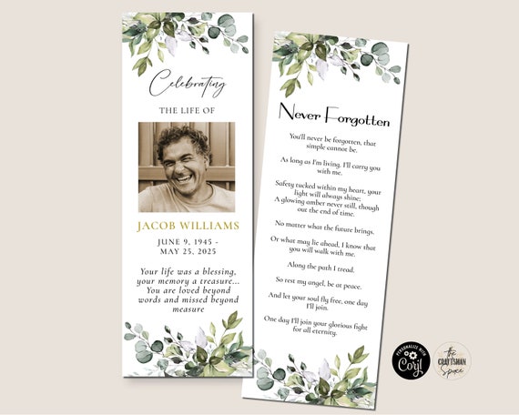 Greenery Editable Funeral Bookmark Template, Celebration of Life Bookmark, Funeral Keepsake Cards, Memorial Card for Remembrance, Corjl, HB2