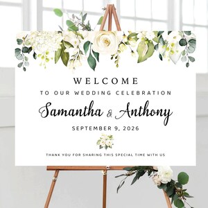 White roses Wedding Welcome Sign, Greenery Wedding Rehearsal Decorations, Rustic Wedding Welcome Sign, Eucalyptus, Cream Roses, Herbal, WR2