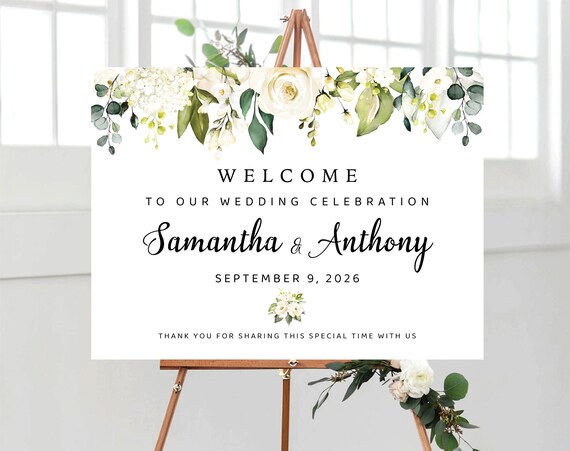 White roses Wedding Welcome Sign, Greenery Wedding Rehearsal Decorations, Rustic Wedding Welcome Sign, Eucalyptus, Cream Roses, Herbal, WR2