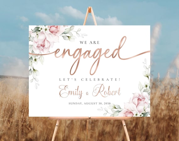 Engagement Party Sign, We are Engaged Sign, Engagement Party Sign Landscape, Wedding Decorations, Poster, blush pink roses, bohemian, A2