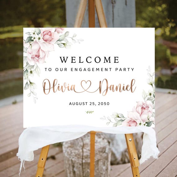 Blush Floral Engagement Party Welcome Sign, Sage Green (Digital Printable)