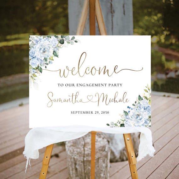 Dusty Blue Greenery Engagement Party Welcome Sign, Botanicals Wedding Rehearsal Decorations, Minimalist We are Engaged Sign, Eucalyptus, LB5