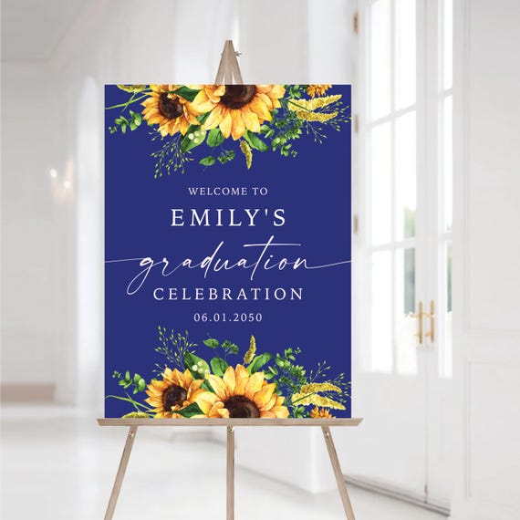 Royal Blue Yellow Graduation Party Welcome Sign, Rustic Graduation Poster, Graduation Decor, Grad Party Poster, Sunflowers Grad Party sign