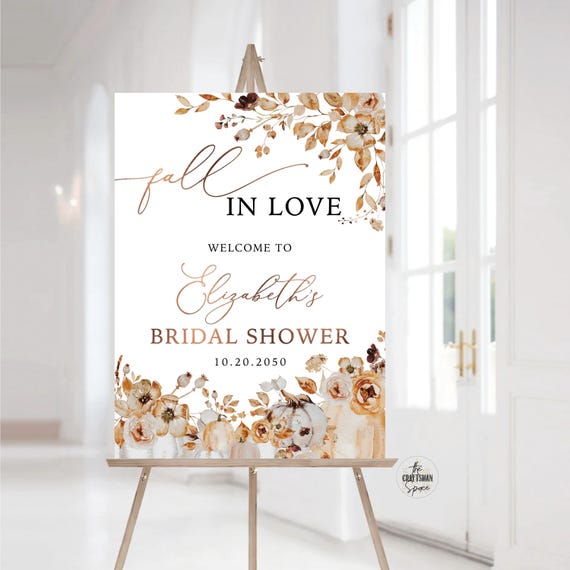 Bridal Shower Welcome Sign, Autumn Wedding Sign, Winter Bridal, Fall in love Bridal Shower Decor, Autumn Decor, Fall Leaves, Pumpkins, FL1