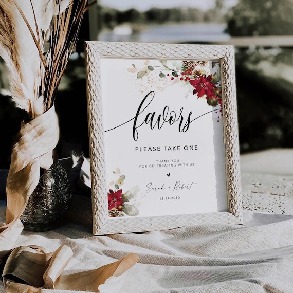 Red Poinsettia Favors Sign, Christmas Wedding, Holiday Decor (Digital Printable)