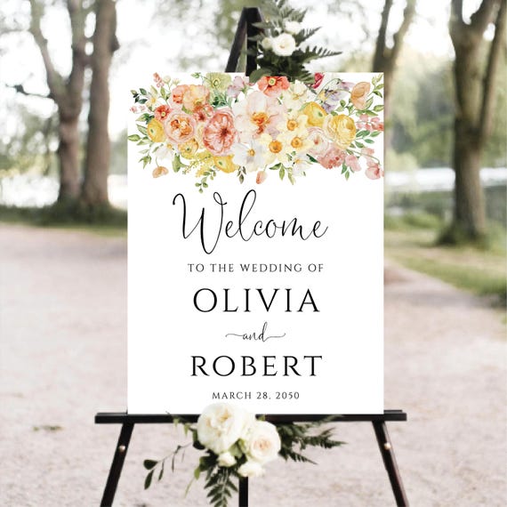 Summer Florals Wedding Welcome Sign, Wedding Ceremony Sign, Wedding Decoration, Modern Wedding Sign, Personalized Wedding, Bohemian, SFa