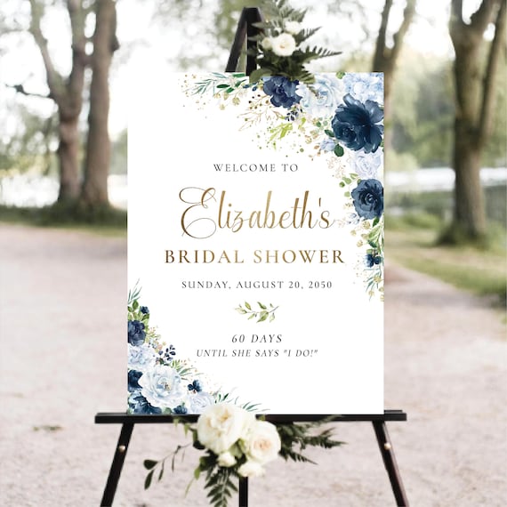 PRINTED OR DIGITAL Dusty Blue Navy Bridal Shower Welcome Sign, Foam Board, Poster, Elegant Steel Light Blue Wedding Shower Decor, Herbal,DN1