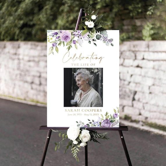 Purple Floral Funeral Welcome Sign, Violet Flowers, Celebration of Life Poster (Digital Printable)