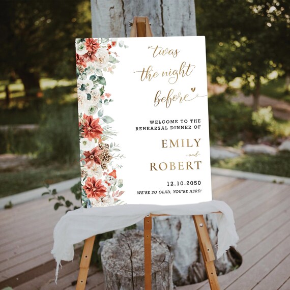 Winter Rehearsal Dinner Welcome Sign, Tis the season to be married sign, Boho red floral greenery pinecone Wedding sign, wedding Decor, GP1