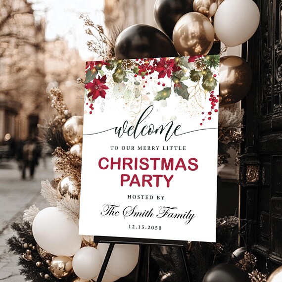 Red Poinsettia Christmas Party Welcome Sign, Holly Berries, Golden Frame (Digital Printable)