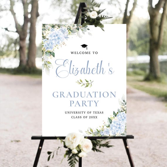 Blue Hydrange Graduation Welcome Sign, Greenery, Elegant Grad Party Decor (Digital Printable)