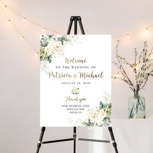 White roses Wedding Welcome Sign, Botanicals Wedding Decoration, Cream Roses Wedding Rehearsal Sign, Modern Wedding Poster, Eucalyptus, WR3