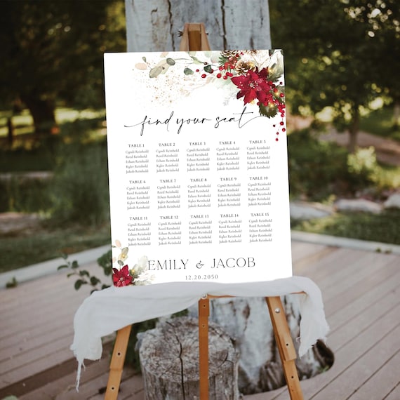 Red Poinsettia Wedding Seating Chart, Christmas Table Plan, Holly Berries (Digital Printable)