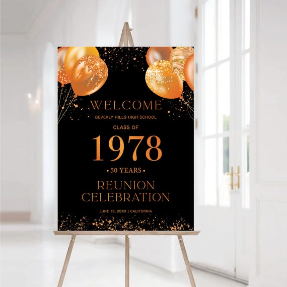 Modern Class Reunion Welcome Sign, Any class any year Reunion Welcome Poster, 50 year High School Reunion Sign, Orange Balloons & Confetti