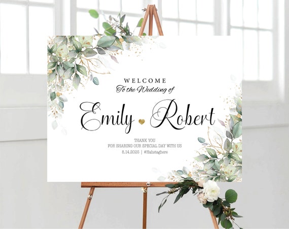 Greenery Wedding Welcome Sign, Botanicals Wedding Rehearsal Decoration, Modern Wedding Poster, Rustic Wedding Sign, Eucalyptus, Herbal, HB3