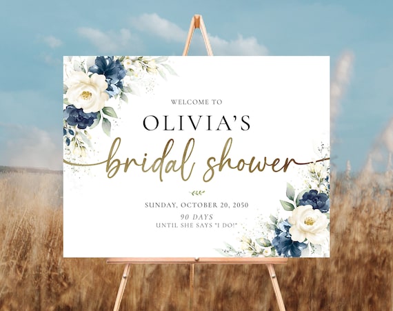 Navy Blue and White Floral Bridal Shower Welcome Sign, Bridal Shower Decoration, Bridal Brunch Welcome Sign, Bridal Tea Sign, Printable, NW1
