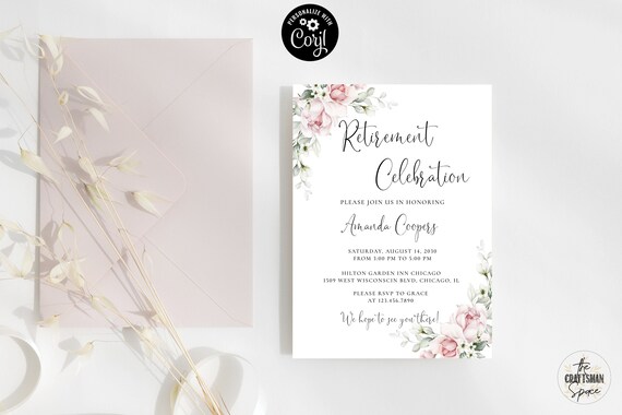 Blush Pink Retirement Celebration Invitation, Retirement Party Invitation Invite, Retirement Decor, Editable, Corjl, Blush Pink Roses, A2