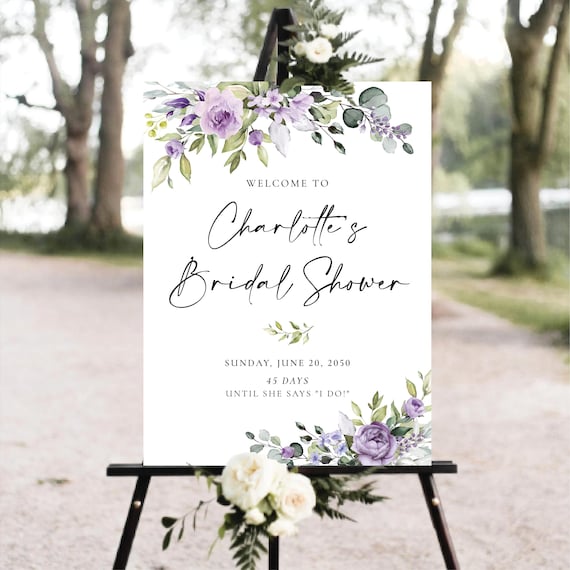 Floral Bridal Shower Welcome Sign: Purple Eucalyptus, Elegant Poster (Printed or Digital File)