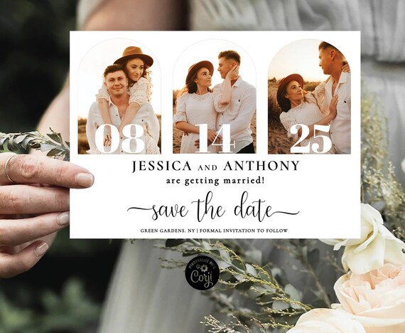 Save The Date Card with Multiple Photos, Minimalist Save The Date Template, Save The Date Announcement Card, Editable, Corjl, M1