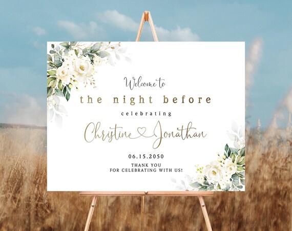 White Roses The Night Before Welcome Sign, Wedding Rehearsal Sign, Wedding Rehearsal Decor, Cream Roses, Wedding Decorations, Poster, WR3