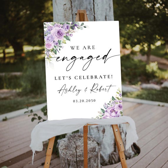 Light Purple Floral Engagement Party Welcome Sign, Printable Botanical We are Engaged Welcome Poster, Violet Flowers, Digital File, PF3