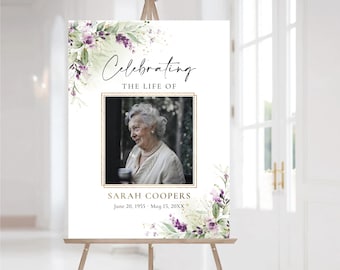 Purple Floral Funeral Welcome Sign: Celebration of Life, Lavender Flowers (Digital File 24x36)