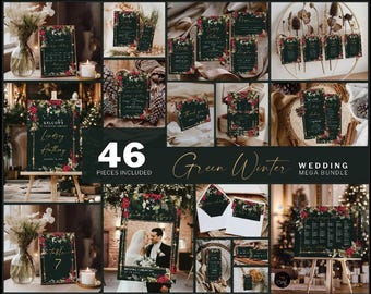 Puede incluir: Un conjunto de invitaciones de boda con 46 piezas, con un esquema de color verde y dorado con acentos florales. El conjunto incluye invitaciones, tarjetas RSVP, tarjetas de guardar la fecha y más. El texto "Green Winter Wedding Mega Bundle" se muestra en la imagen.