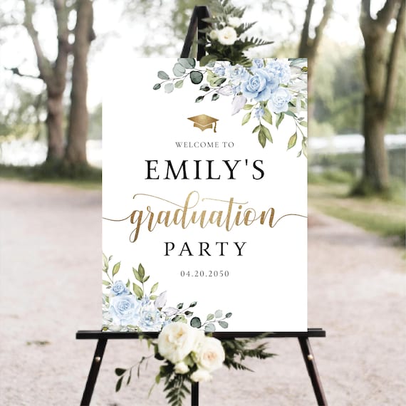 Dusty blue florals Graduation with photo Welcome Sign, Photo Graduation Poster, Modern Graduation Decor, Grad Party Decor, Eucalyptus, LB3