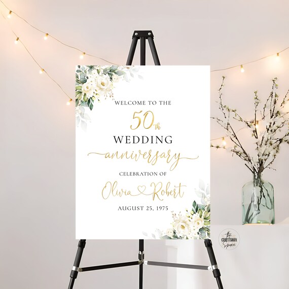 50th Wedding Anniversary sign, 50th Anniversary sign, 50th anniversary sign, Anniversary Sign, 50th Anniversary decor, white roses, WR3