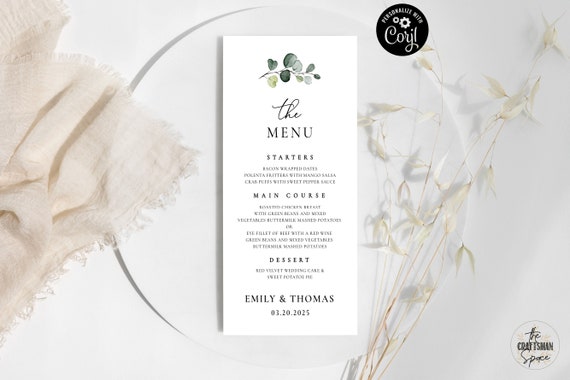 Greenery wedding Menu Template, Modern Wedding Menu, Minimal Wedding, Wedding Table Decor, Editable, Corjl, Eucalyptus