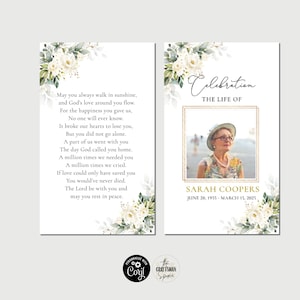 Carte de prière funéraire roses blanches, carte de prière commémorative imprimable, carte de messe catholique, carte de décès, Corjl, 100 % modifiable, roses crème, WR3