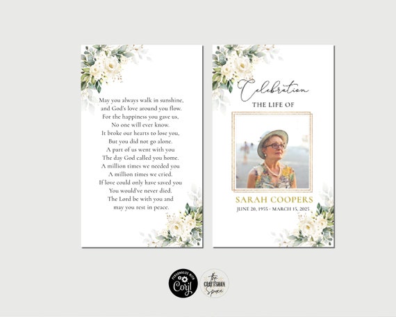 White roses Funeral Prayer Card, Printable Memorial Prayer Card, Catholic Mass Card, Obituary Card, Corjl, 100% Editable, Cream roses, WR3