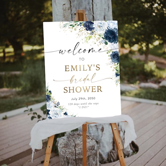 PRINTED OR DIGITAL Dusty Blue Navy Bridal Shower Welcome Sign, Foam Board, Poster, Elegant Steel Light Blue Wedding Shower Decor, Herbal,DN1