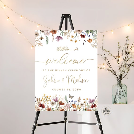Tiny Floral Nikkah Wedding Welcome sign, Wildflowers Nikkah Ceremony Decorations, Islamic marriage ceremony, Nikkah Ceremony Decor, TIY