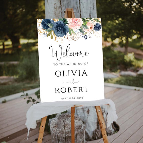 Navy Blush Pink Wedding Welcome Sign, Wedding Ceremony Sign, Wedding Decoration, Modern Wedding Sign, Personalized Wedding, Bohemian, NB1