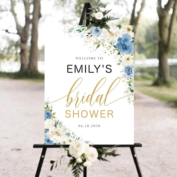 Floral Bridal Shower Welcome Sign, Dusty Blue and White Flowers, Botanical Decor (Digital Printable)