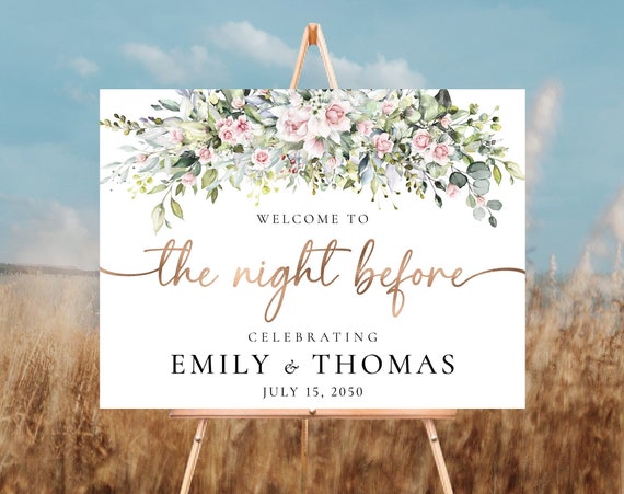 Greenery with blush pink The night before Welcome Sign, Rehearsal Dinner Sign, Wedding Rehearsal Sign, Wedding Welcome Sign, Poster, BG2