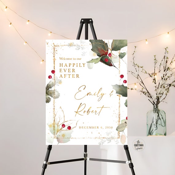Christmas Wedding Welcome Sign Printable, Christmas Wedding Sign, Holiday Welcome Sign, Wedding welcome Sign, Poinsettia and Lights, CRM3
