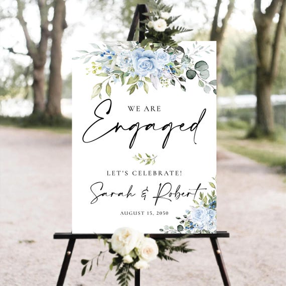 Dusty Blue Greenery Engagement Party Welcome Sign, Botanicals Wedding Rehearsal Decorations, Minimalist We are Engaged Sign, Eucalyptus, LB4