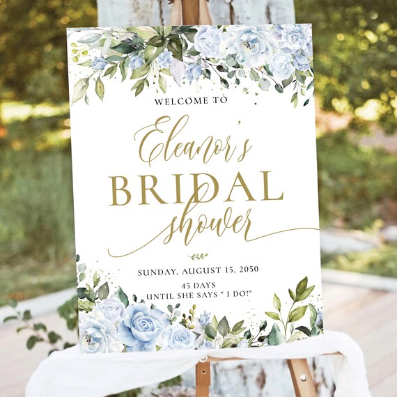 Floral Bridal Shower Welcome Sign, Dusty Blue Flowers, Botanical Decor (Printed or Digital File)