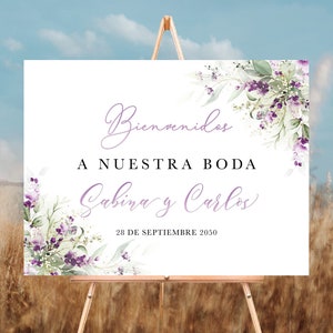 Greenery Purple Bienvenidos Sign a Nuestra Boda, Spanish Wedding Sign, Green Lavender Wedding Sign, Lilac Floal Wedding Poster, Decor, GPU