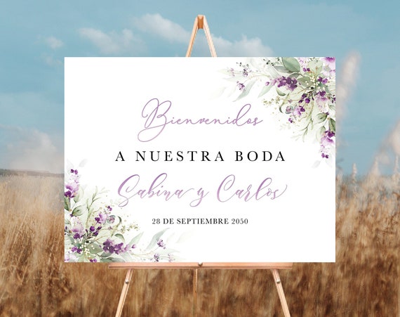 Greenery Purple Bienvenidos Sign a Nuestra Boda, Spanish Wedding Sign, Green Lavender Wedding Sign, Lilac Floal Wedding Poster, Decor, GPU