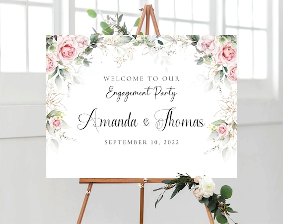 Blush pink roses Engagement party Welcome Sign, Greenery Engagement Party Decor, We are engaged Sign, Bohemian, Eucalyptus, Decoration, BG3