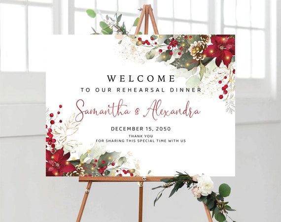 Christmas Rehearsal Dinner Welcome Sign, Christmas Wedding Sign, Holiday Welcome Sign, Rehearsal welcome Sign, Poinsettia and Lights, CRM2