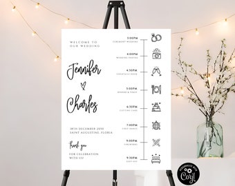 Modern Wedding Timelinem Minimalist Order of Events Sign Template, Timeline Wedding Sign, Wedding Elegant Itinerary Sign, Editable, Corjl