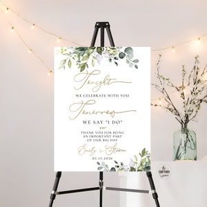 Vegetación La noche anterior a la cena de ensayo, Signo de ensayo de boda, Signo de bienvenida de boda, Decoraciones de boda, Eucalipto, HB2