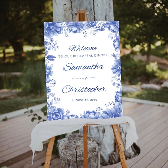 Blue Porcelain Rehearsal Dinner Welcome Sign, Floral Chinoiserie Wedding Sign, Vintage Porcelain Wedding Decoration, Delft Blue Wedding, BP5