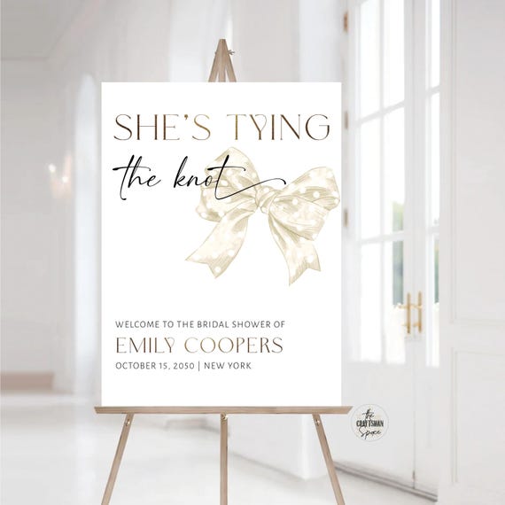 She's Tying the Knot Bridal Shower Welcome Sign, Minimalist Beige Bow Bridal Shower Poster, Ribbon Bow Wedding Shower Sign, Decorations